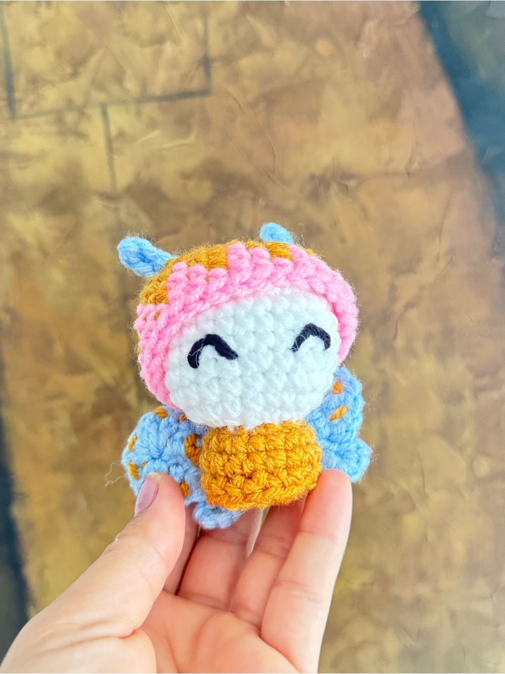 Handmade Small Pet Crochet Butterfly Toy in Pink, Blue & Yellow